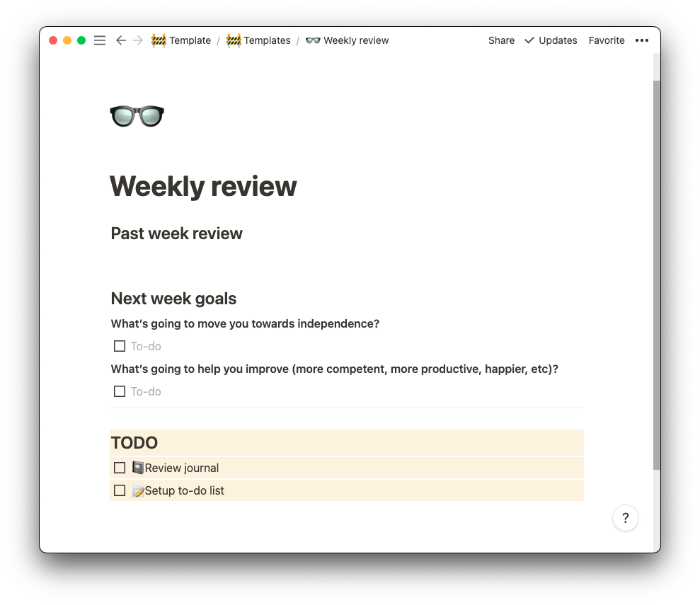 Weekly review Notion template